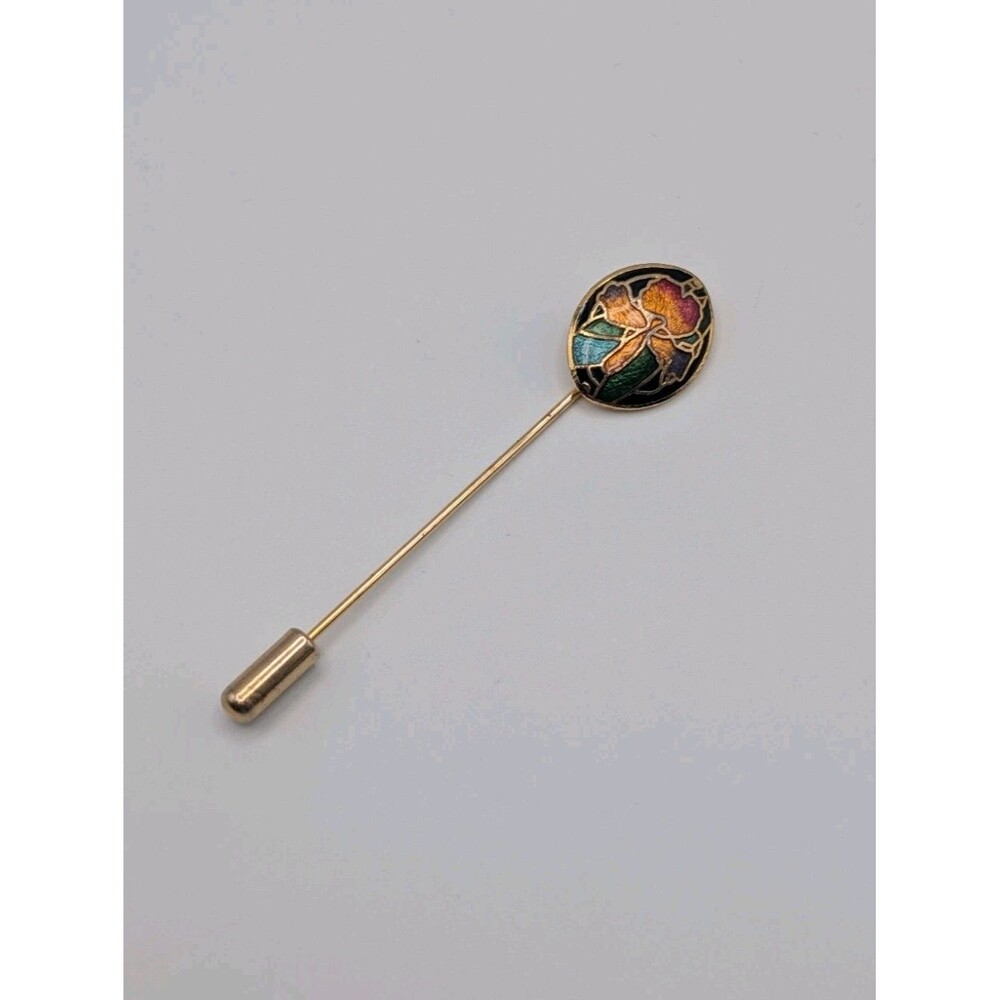 Vintage Gold Tone Cloisonne Oval Floral Enamel Stick Lapel Pin Estate Piece
